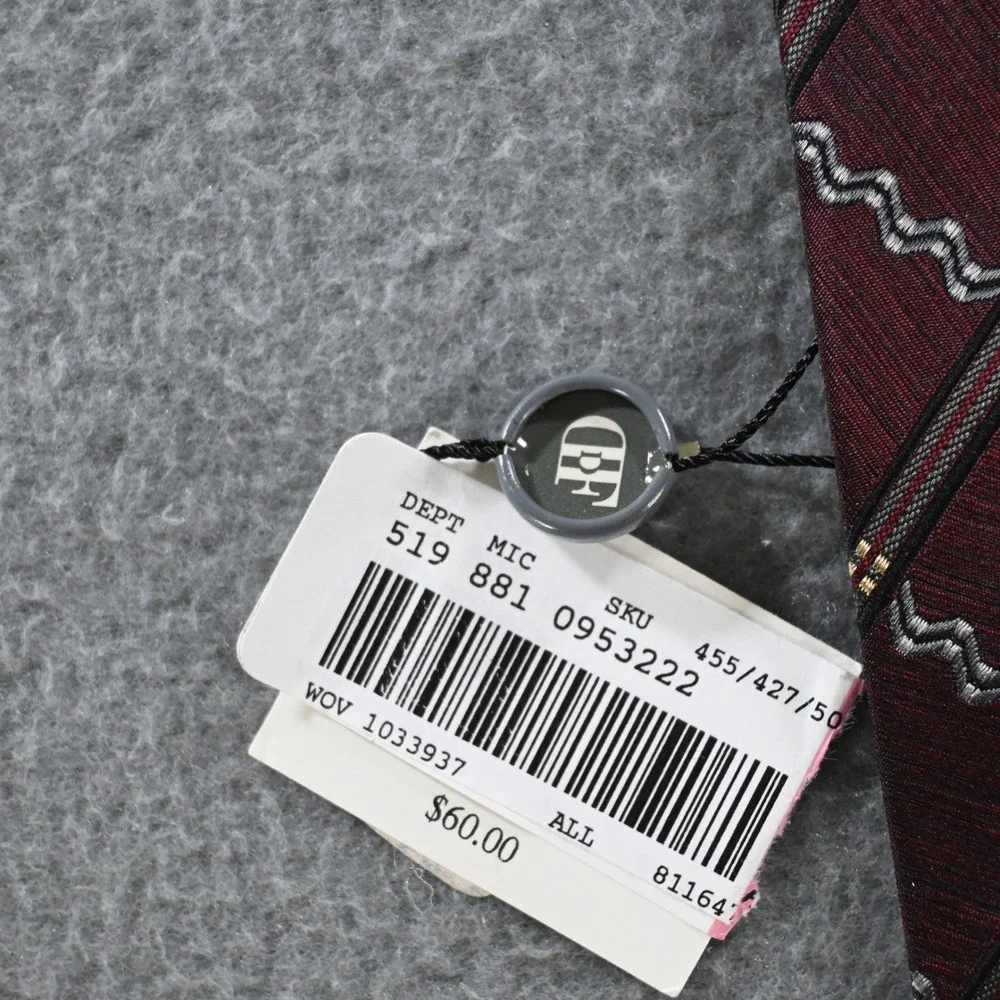 Daniel De Fasson Mens Silk Geometric Wavy Stripe Necktie OS Burgundy Silver